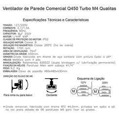 Ventilador de Parede Comercial Industrial Oscilante Q450 Turbo T4 TRIFASICO 220/380/440V Qualitas