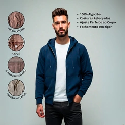 Jaqueta Masculina Moletom Básica Flanelada Com Capuz