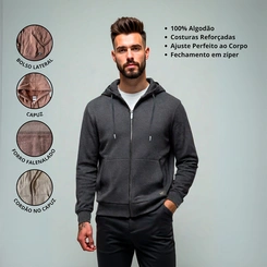 Jaqueta Masculina Moletom Básica Flanelada Com Capuz