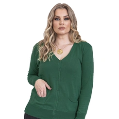Cardigan Feminino Básico Tricot Gola V Com Bolso Botões