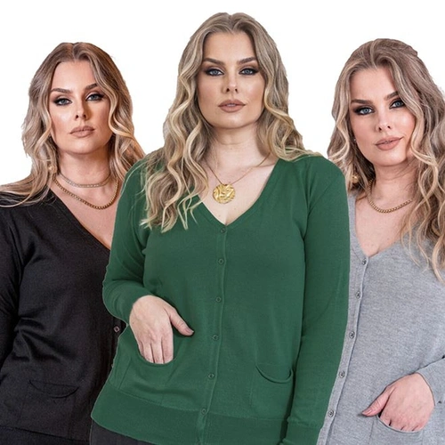 Cardigan Feminino Básico Tricot Gola V Com Bolso Botões