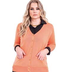 Cardigan Feminino Básico Tricot Gola V Com Bolso Botões