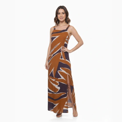 Vestido Longo Endless Tropical Fendas Laterais Alças Largas Estampa