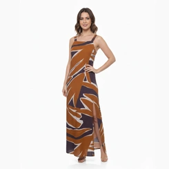 Vestido Longo Endless Tropical Fendas Laterais Alças Largas Estampa