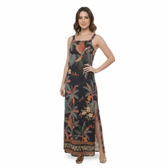 Vestido Longo Endless Tropical Fendas Laterais Alças Largas Estampa