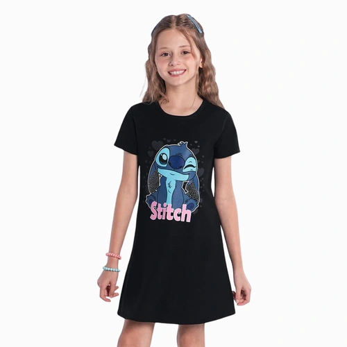 Vestido Infantil Menina Stitch Saia Rodada Cotton
