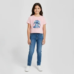 Blusa Cropped Infantil Menina Manga Curta Brandili Stitch