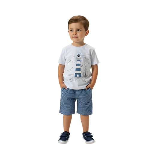 Conjunto Infantil Bebê Menino Baby Vest Manga Curta Barco