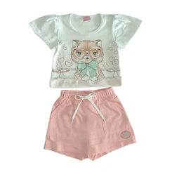 Conjunto Bebê Menina Baby Vest Manga Curta Gatinha