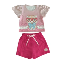 Conjunto Bebê Menina Baby Vest Manga Curta Gatinha