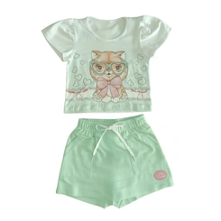 Conjunto Bebê Menina Baby Vest Manga Curta Gatinha