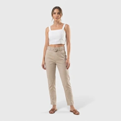 Calça Feminina Reta Com Cinto Encapado Sarja