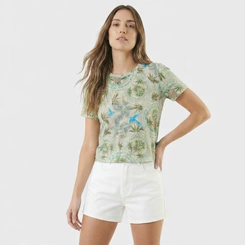Blusa Feminina Estampada Tropical Manga Curta