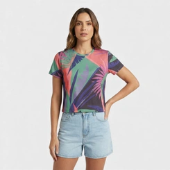 Blusa Feminina Estampada Tropical Manga Curta