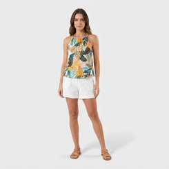 Blusa feminina estampada com gola amarril