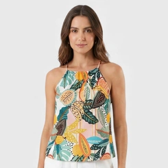 Blusa feminina estampada com gola amarril