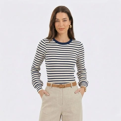 Blusa Feminina Canelada Listrada Com Punho