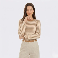 Blusa Feminina Canelada Listrada Com Punho