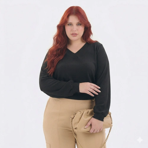 Blusa Feminina Plus Size Tecido Canelado Manga Longa