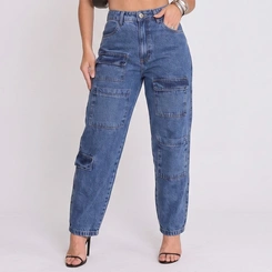 Calça Jeans Feminina Cargo Mom Cintura Alta