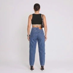 Calça Jeans Feminina Cargo Mom Cintura Alta