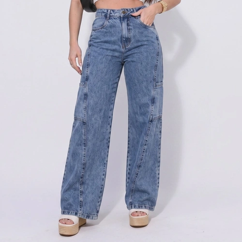 Calça Jeans Feminina Wide Leg Cintura Alta