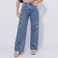 Calça Jeans Feminina Wide Leg Cintura Alta