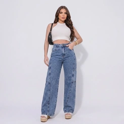 Calça Jeans Feminina Wide Leg Cintura Alta