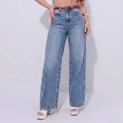 Calça Jeans Feminina Wide Leg Cintura Alta