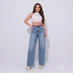 Calça Jeans Feminina Wide Leg Cintura Alta