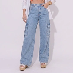 Calça Jeans Feminina Wide Leg Cargo Cintura Alta