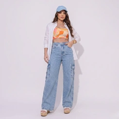 Calça Jeans Feminina Wide Leg Cargo Cintura Alta