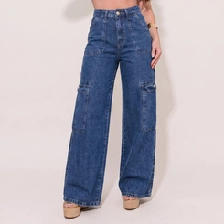 Calça Feminina Jeans Wide Leg Cargo Cintura Alta Azul