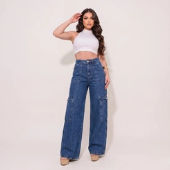 Calça Feminina Jeans Wide Leg Cargo Cintura Alta Azul