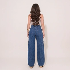 Calça Feminina Jeans Wide Leg Cargo Cintura Alta Azul