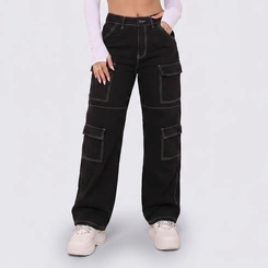 Calça Feminina Jeans Wide Leg Cargo Preta Cintura Alta