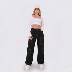Calça Feminina Jeans Wide Leg Cargo Preta Cintura Alta
