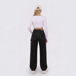 Calça Feminina Jeans Wide Leg Cargo Preta Cintura Alta