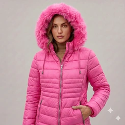 Jaqueta Puffer Feminina Com Capuz Peluciado E Detalhe Lateral Trançado