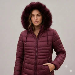 Jaqueta Puffer Feminina Com Capuz Peluciado E Detalhe Lateral Trançado