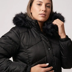 Jaqueta Puffer Feminina Com Capuz Peluciado