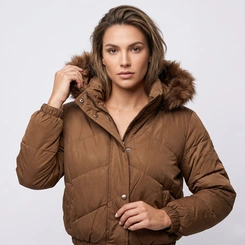 Jaqueta Puffer Feminina Com Capuz Peluciado