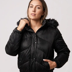 Jaqueta Puffer Feminina Com Capuz Peluciado