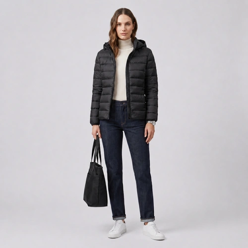 Jaqueta Puffer Feminina Preta Com Capuz