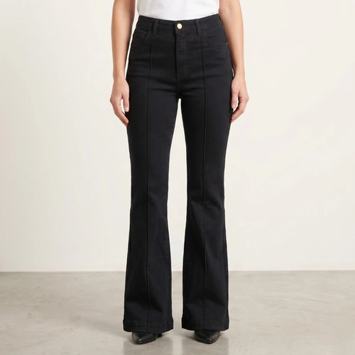 Calça Jeans Feminina Flare Preta Cintura Alta