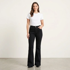 Calça Jeans Feminina Flare Preta Cintura Alta