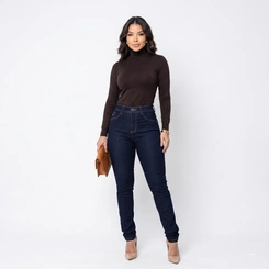 Calça Jeans Feminina Skinny Cintura Alta Azul Escuro