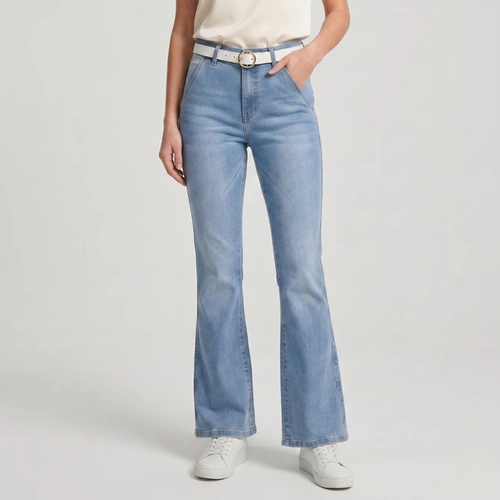 Calça Jeans Feminina Boot Cut Flare Cintura Alta Com Cinto