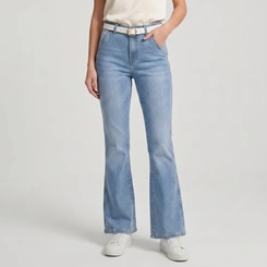 Calça Jeans Feminina Boot Cut Flare Cintura Alta Com Cinto