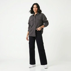 Calça Feminina Wide Leg Cintura Alta Cargo Preta